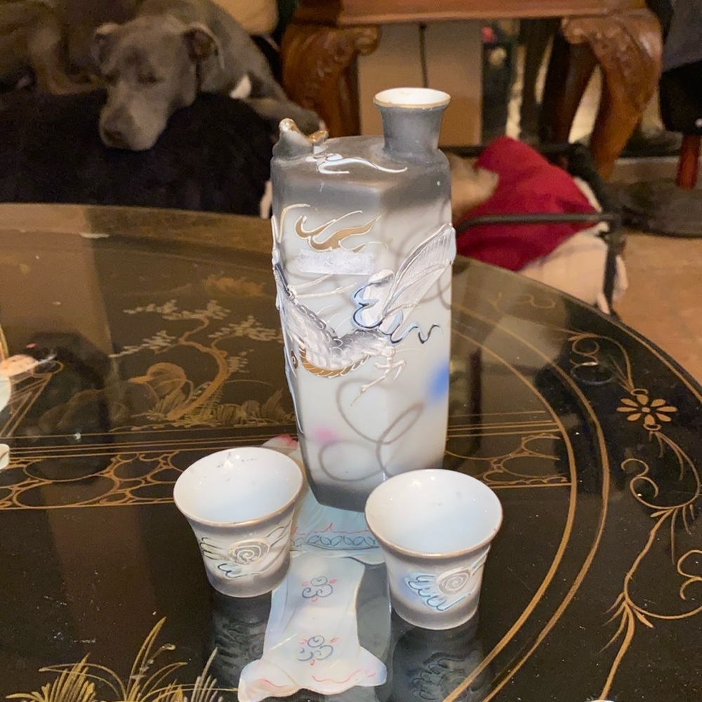 Vintage Japanese Whistling Bird Sake Dragonware Hand Painted Porcelain w/cups